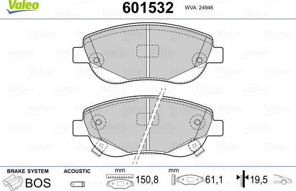 Valeo 601532 - Bremžu uzliku kompl., Disku bremzes www.autospares.lv