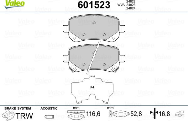 Valeo 601523 - Bremžu uzliku kompl., Disku bremzes www.autospares.lv