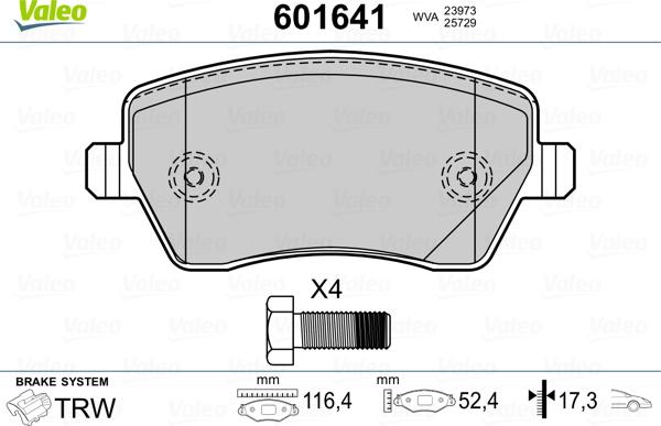 Valeo 601641 - Тормозные колодки, дисковые, комплект www.autospares.lv