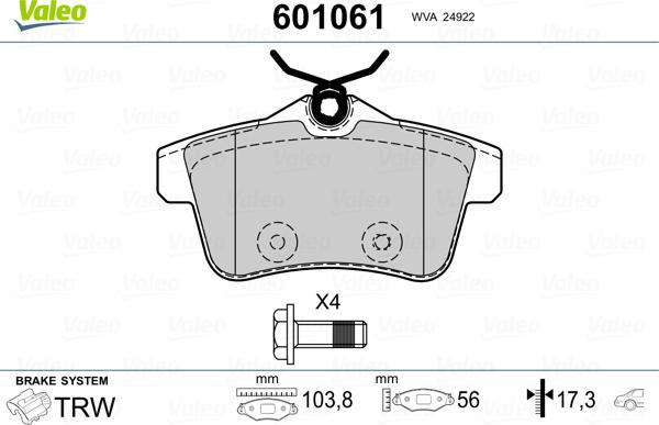 Valeo 601061 - Bremžu uzliku kompl., Disku bremzes www.autospares.lv