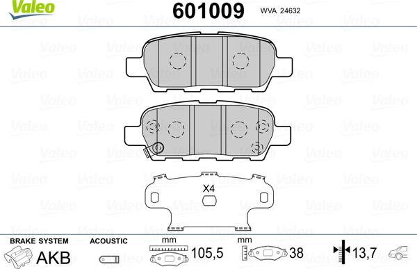 Valeo 601009 - Тормозные колодки, дисковые, комплект www.autospares.lv