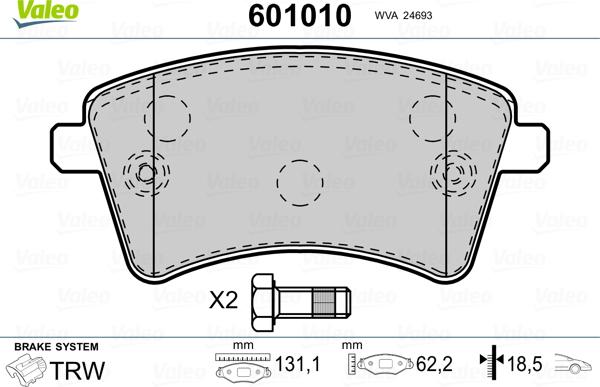 Valeo 601010 - Тормозные колодки, дисковые, комплект www.autospares.lv