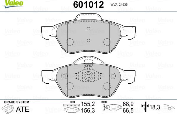 Valeo 601012 - Тормозные колодки, дисковые, комплект www.autospares.lv