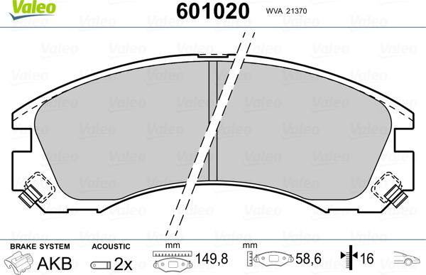 Valeo 601020 - Brake Pad Set, disc brake www.autospares.lv