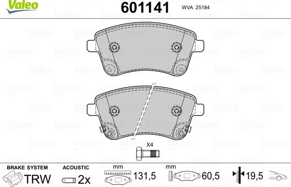 Valeo 601141 - Тормозные колодки, дисковые, комплект www.autospares.lv