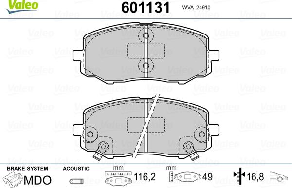 Valeo 601131 - Тормозные колодки, дисковые, комплект www.autospares.lv