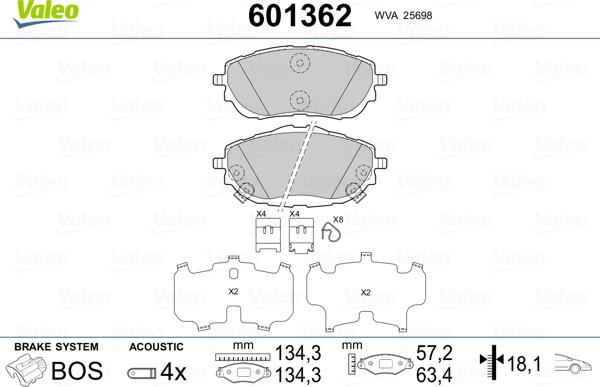 Valeo 601362 - Bremžu uzliku kompl., Disku bremzes www.autospares.lv