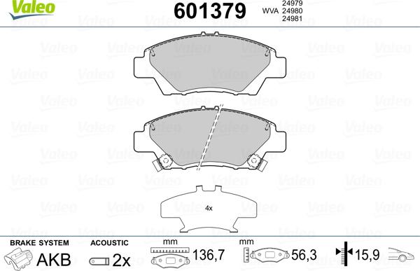 Valeo 601379 - Bremžu uzliku kompl., Disku bremzes autospares.lv