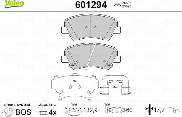 Valeo 601294 - Тормозные колодки, дисковые, комплект www.autospares.lv