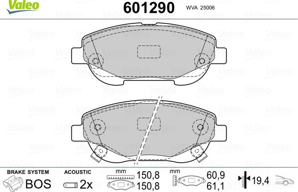 Valeo 601290 - Bremžu uzliku kompl., Disku bremzes www.autospares.lv