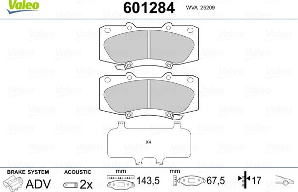 Valeo 601284 - Brake Pad Set, disc brake www.autospares.lv