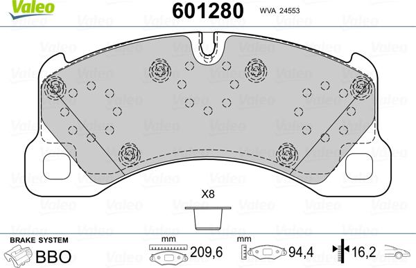 Valeo 601280 - Bremžu uzliku kompl., Disku bremzes www.autospares.lv