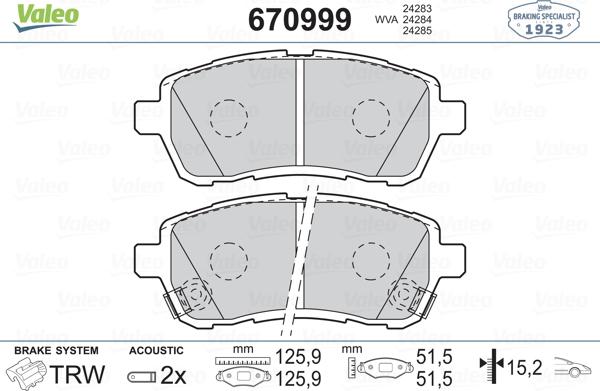 Valeo 670999 - Bremžu uzliku kompl., Disku bremzes autospares.lv