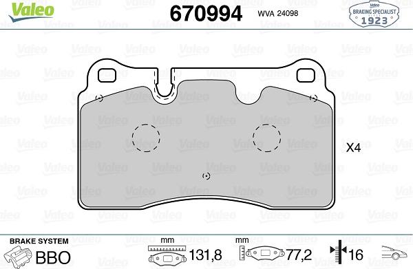 Valeo 670994 - Bremžu uzliku kompl., Disku bremzes www.autospares.lv