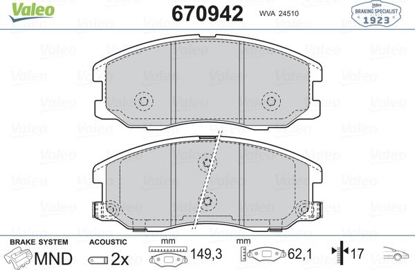 Valeo 670942 - Bremžu uzliku kompl., Disku bremzes www.autospares.lv