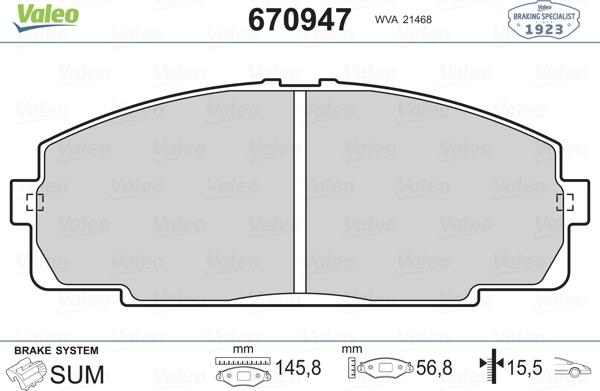 Valeo 670947 - Brake Pad Set, disc brake www.autospares.lv