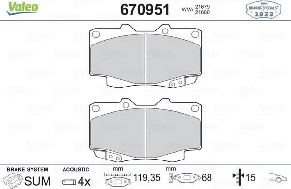 Valeo 670951 - Тормозные колодки, дисковые, комплект www.autospares.lv