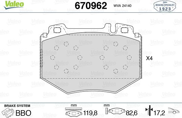 Valeo 670962 - Bremžu uzliku kompl., Disku bremzes www.autospares.lv