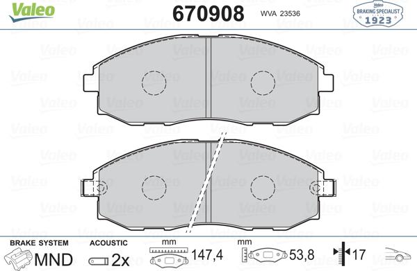 Valeo 670908 - Bremžu uzliku kompl., Disku bremzes www.autospares.lv