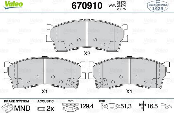 Valeo 670910 - Тормозные колодки, дисковые, комплект www.autospares.lv