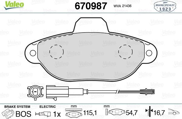 Valeo 670987 - Тормозные колодки, дисковые, комплект www.autospares.lv