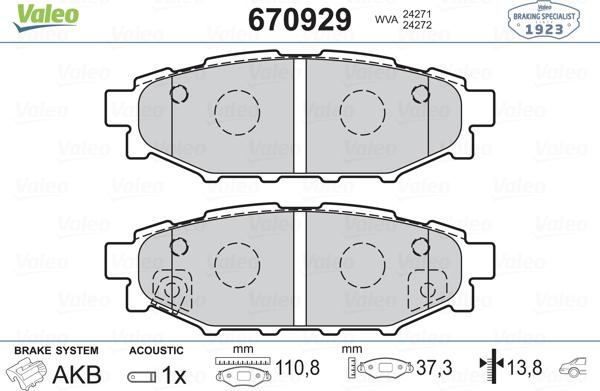 Valeo 670929 - Brake Pad Set, disc brake www.autospares.lv