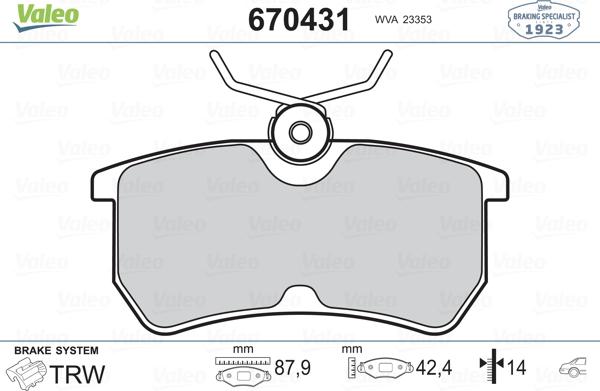 Valeo 670431 - Bremžu uzliku kompl., Disku bremzes www.autospares.lv