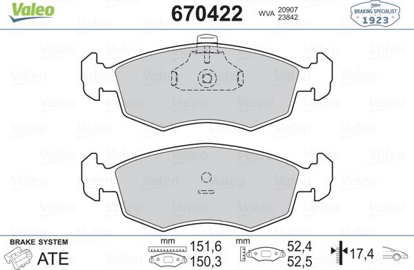 Valeo 670422 - Bremžu uzliku kompl., Disku bremzes www.autospares.lv