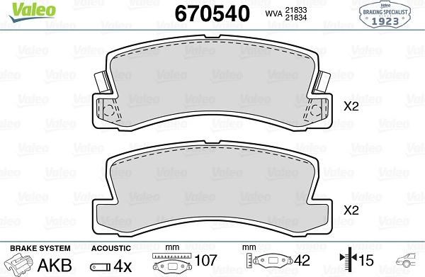 Valeo 670540 - Тормозные колодки, дисковые, комплект www.autospares.lv