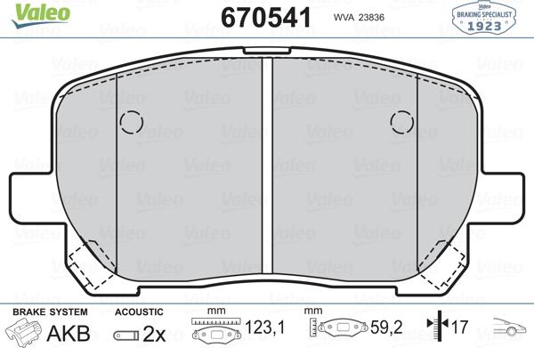 Valeo 670541 - Brake Pad Set, disc brake www.autospares.lv