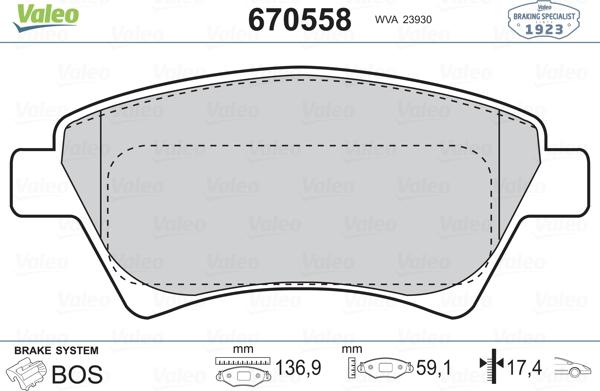 Valeo 670558 - Тормозные колодки, дисковые, комплект www.autospares.lv