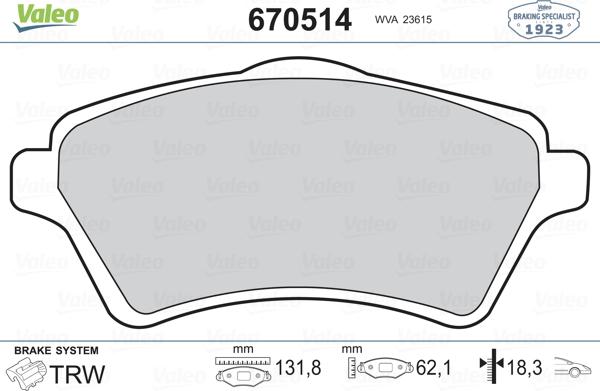 Valeo 670514 - Bremžu uzliku kompl., Disku bremzes www.autospares.lv