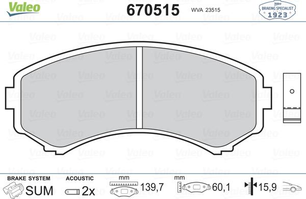 Valeo 670515 - Тормозные колодки, дисковые, комплект www.autospares.lv