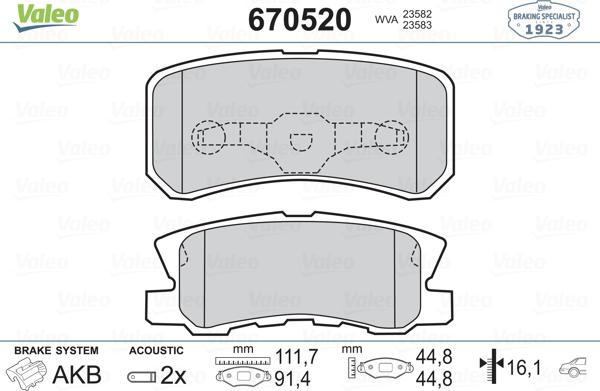 Valeo 670520 - Brake Pad Set, disc brake www.autospares.lv