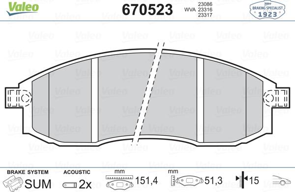 Valeo 670523 - Тормозные колодки, дисковые, комплект www.autospares.lv