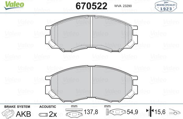 Valeo 670522 - Brake Pad Set, disc brake www.autospares.lv