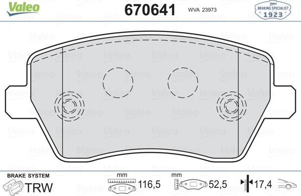 Valeo 670641 - Brake Pad Set, disc brake www.autospares.lv