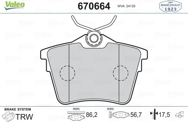 Valeo 670664 - Brake Pad Set, disc brake www.autospares.lv