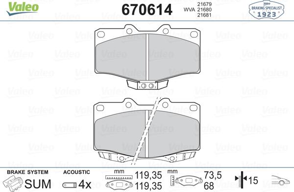 Valeo 670614 - Тормозные колодки, дисковые, комплект www.autospares.lv