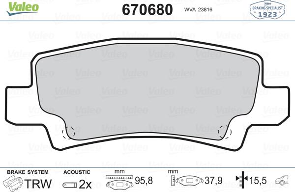 Valeo 670680 - Bremžu uzliku kompl., Disku bremzes www.autospares.lv