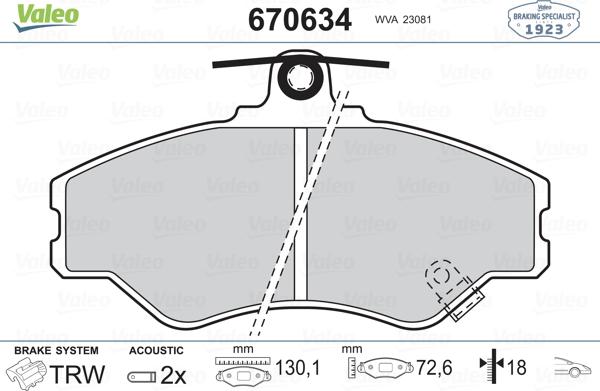 Valeo 670634 - Тормозные колодки, дисковые, комплект www.autospares.lv