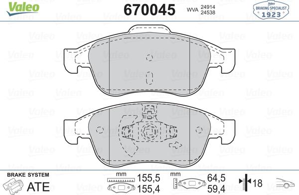 Valeo 670045 - Bremžu uzliku kompl., Disku bremzes www.autospares.lv