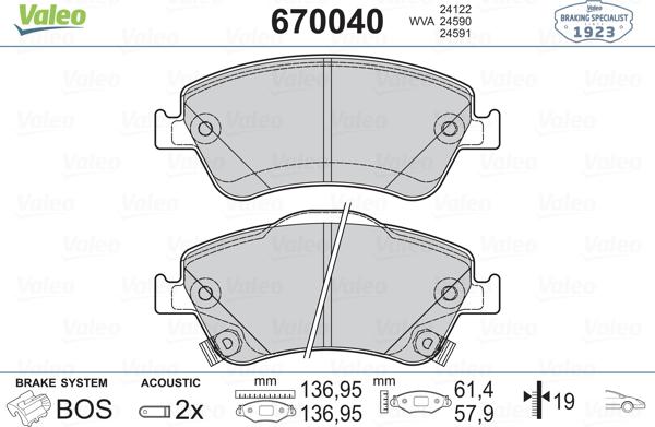 Valeo 670040 - Bremžu uzliku kompl., Disku bremzes www.autospares.lv