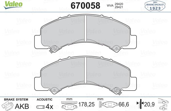 Valeo 670058 - Bremžu uzliku kompl., Disku bremzes www.autospares.lv