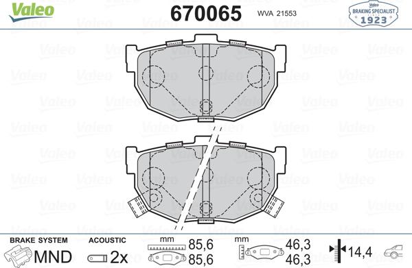 Valeo 670065 - Brake Pad Set, disc brake www.autospares.lv