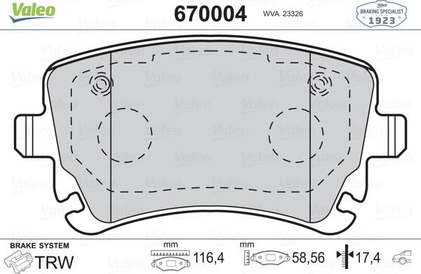 Valeo 670004 - Тормозные колодки, дисковые, комплект www.autospares.lv