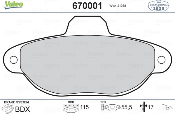 Valeo 670001 - Тормозные колодки, дисковые, комплект www.autospares.lv