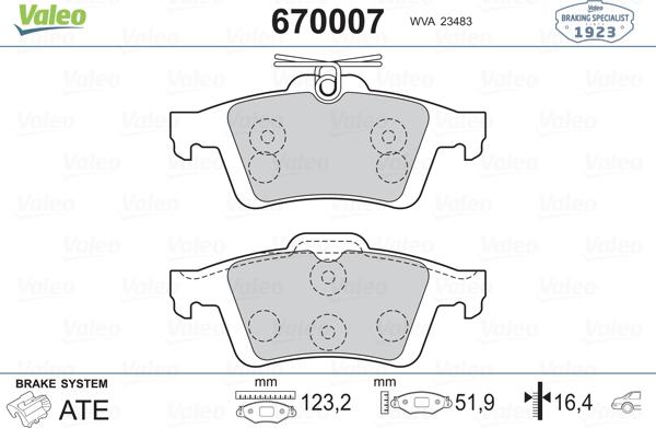 Valeo 670007 - Тормозные колодки, дисковые, комплект www.autospares.lv