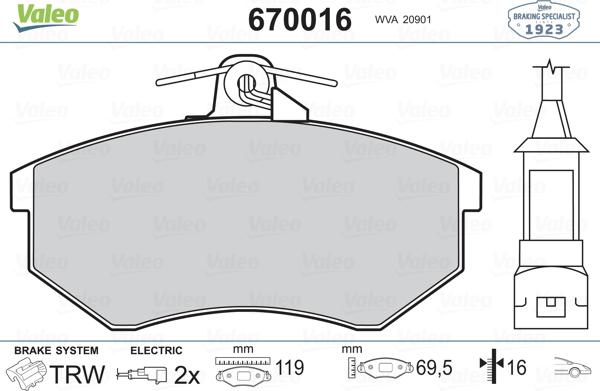 Valeo 670016 - Тормозные колодки, дисковые, комплект www.autospares.lv