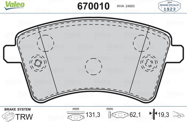 Valeo 670010 - Тормозные колодки, дисковые, комплект www.autospares.lv